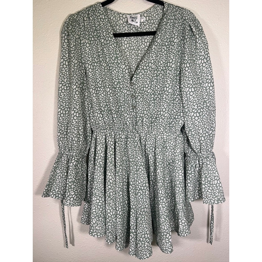 Sage Green Leopard Print Romper Bell Sleeve Peplum Soft Girl Romantic Festival 6